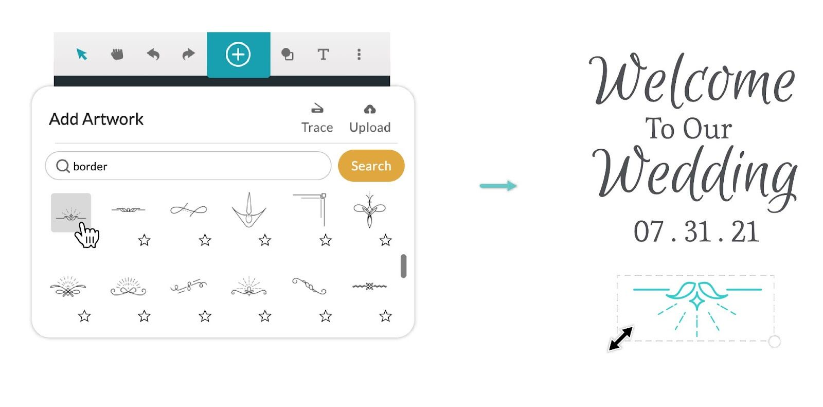 A screenshot sequence showing using the + button & search feature to select clipart of a border in the Glowforge App and then arranging the clipart