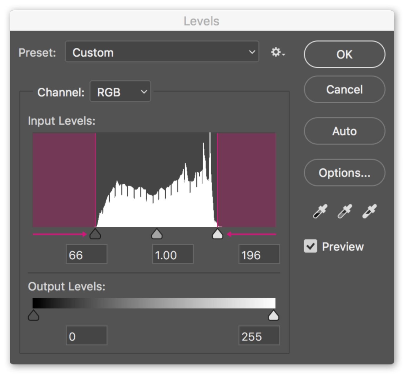 Level adjustment dialogue window in Photoshop