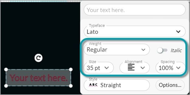 Screenshot showing options to adjust the font size, alignment spacing and weight in the Glowforge App