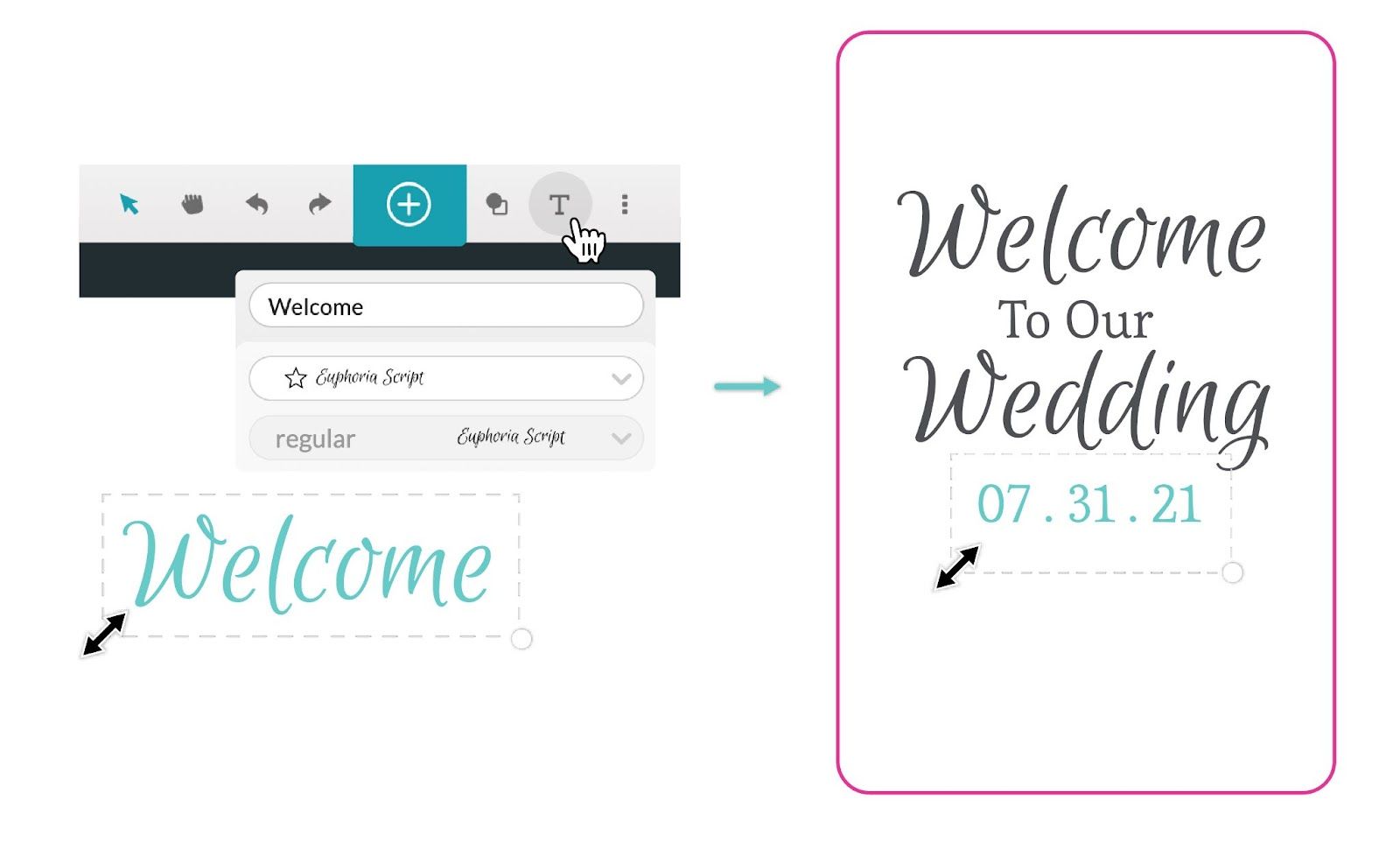 A screenshot sequence of using the text tool & aranging & scaling text
