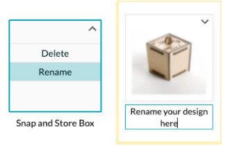 Screenshot of the rename and delete options that appear after clicking the arrow icon on a design thumbnail in the Glowforge App