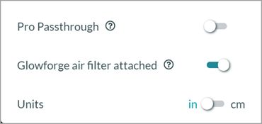 A screenshot from the Glowforge app showing the air filter attached toggle turned on.