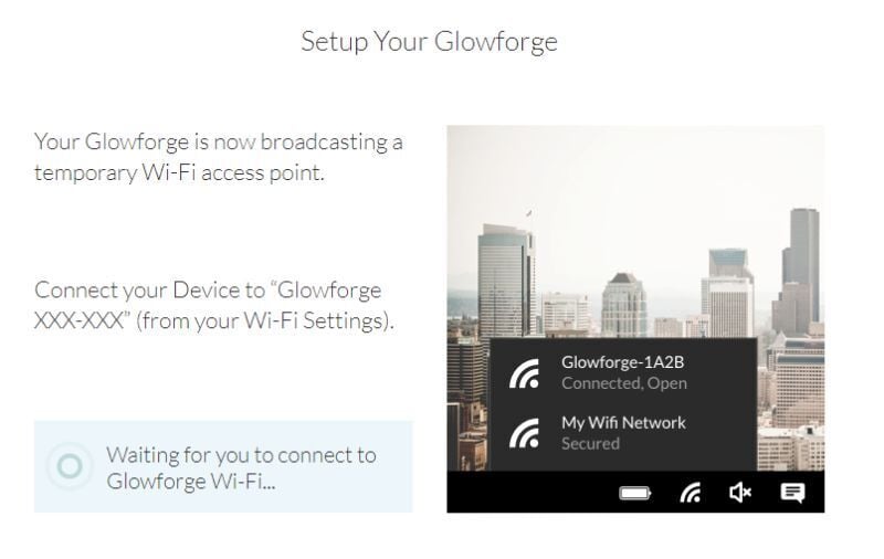 Screenshot of the Glowforge Wi-Fi broadcasting screen