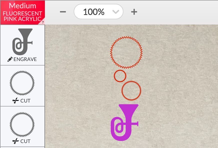 A screenshot of the print settings for the stars, tuba and outline in the Glowforge App