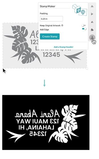Screenshot sequence of using the stamp tool in the Glowforge App