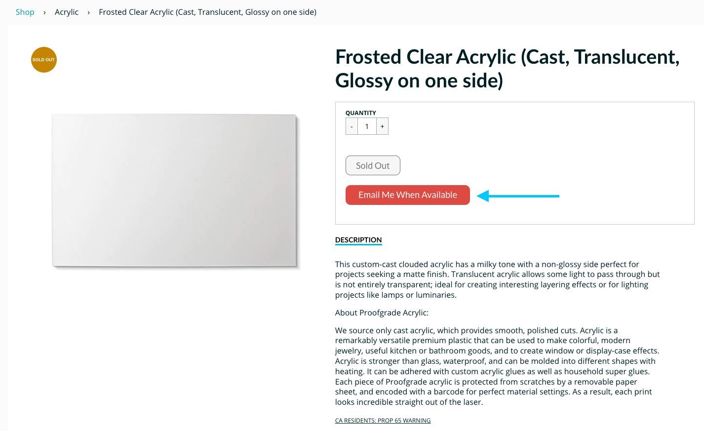 Screenshot from the Glowforge Shop of an item that is out of stock