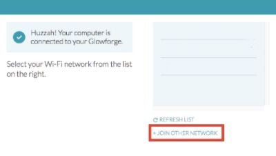Screenshot from the Wi-Fi setup process. The network list is blank, and the join other network button is highlighted