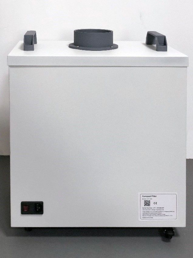 Glowforge Air filter back view, showing power switch, plug connection, and label
