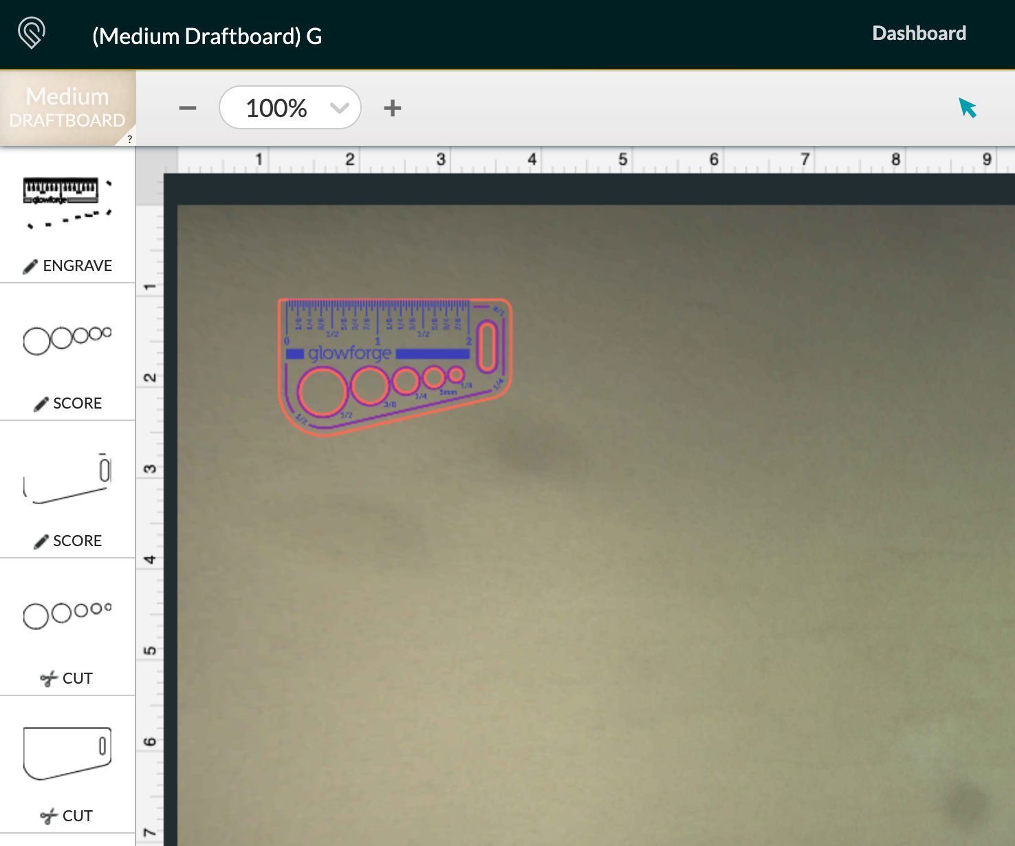 A screenshot of the Gift of Good Measure design arranged so it will print onto material in the bed of a Glowforge.