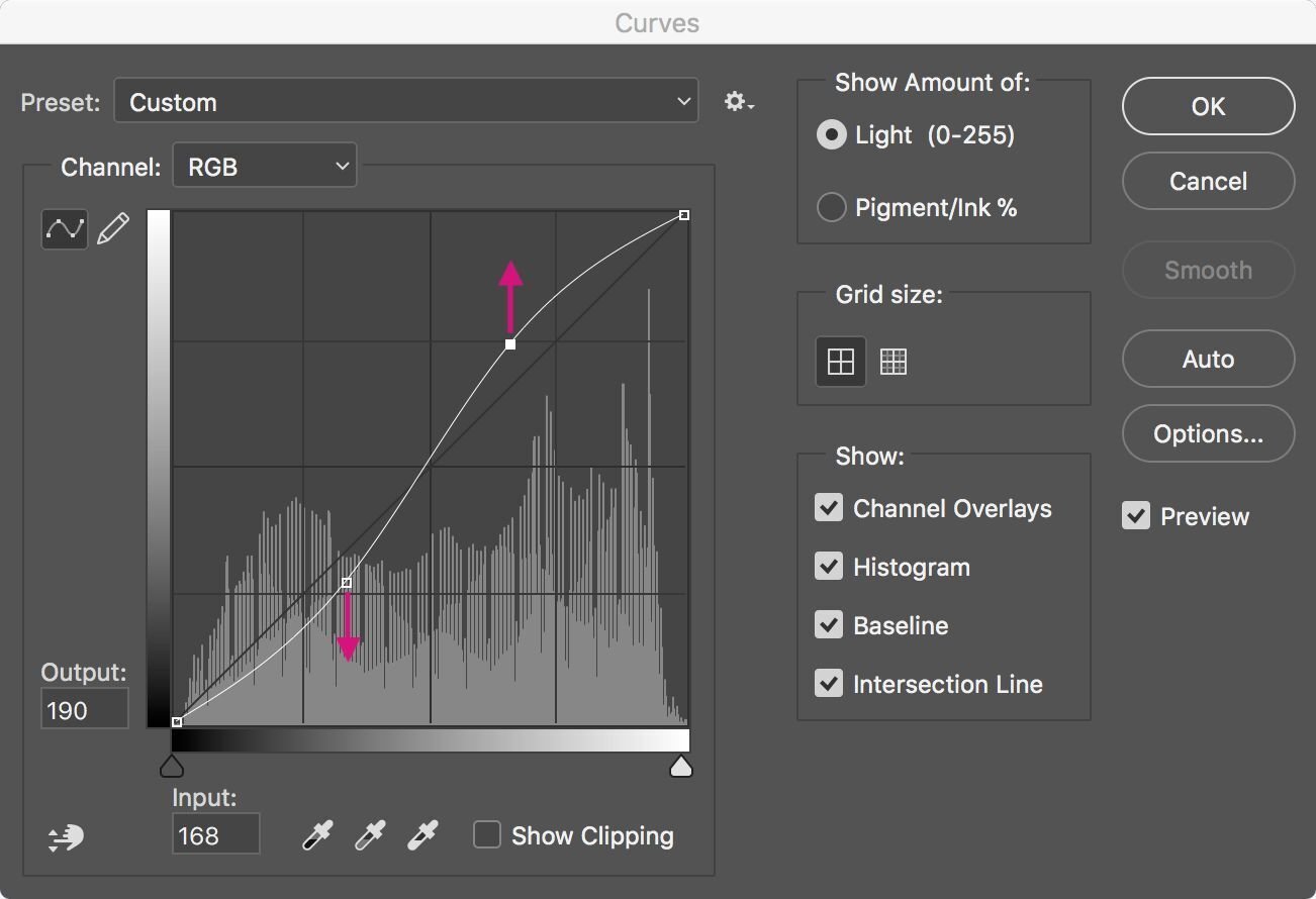 Photoshop - curves - S shaped adjustment