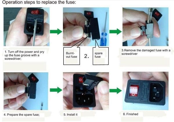 An image sequence of a screwdriver being used to open a comparment near the air filter power switch, remove an old fuse and insert a new fuse.
