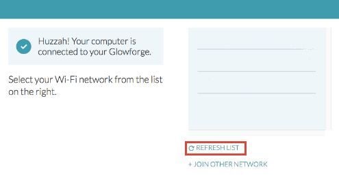 Screenshot from the Wi-Fi setup process. The network list is blank, and the refresh list button is highlighted