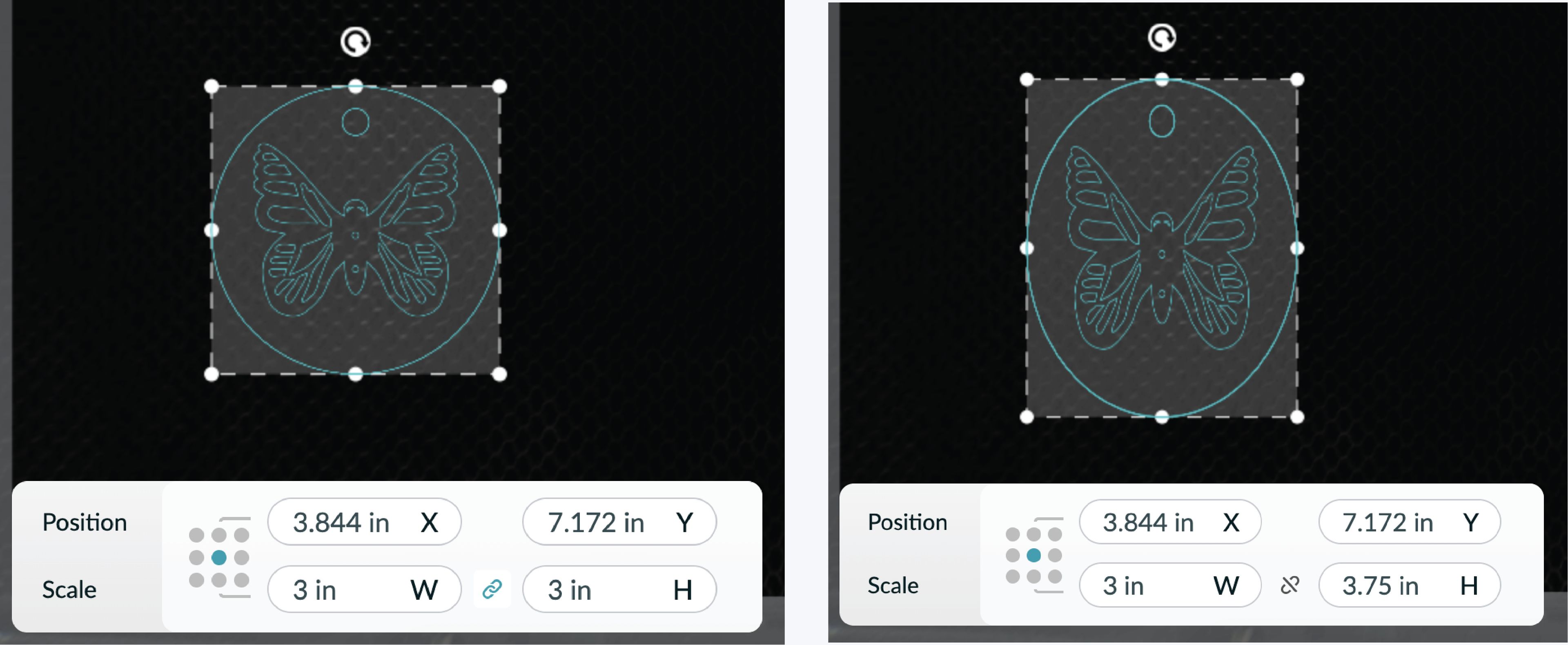 An illustration of a butterfly being scaled in the Glowforge App