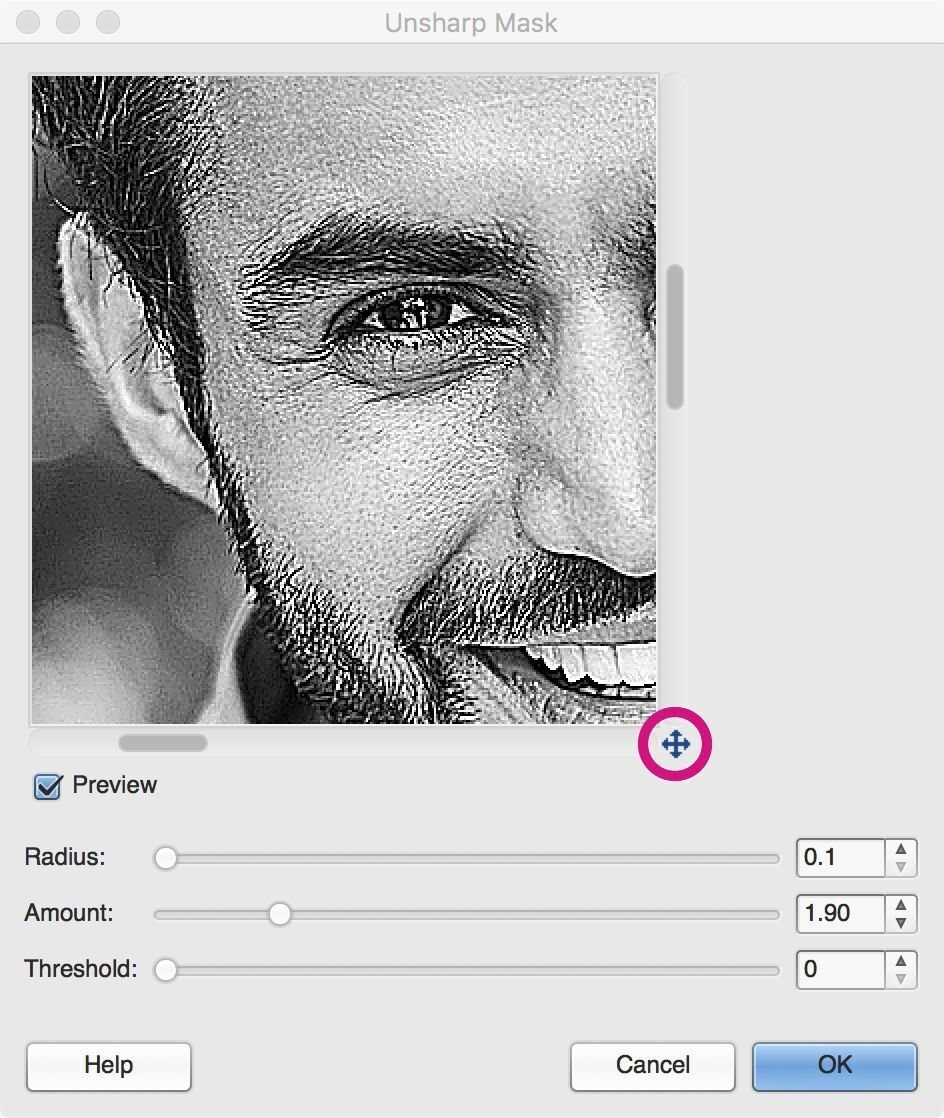 Unsharp mask dialogue window in Gimp