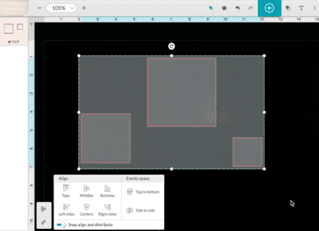 Animated screenshot of using the snap align and distrubte toggle in the Glowforge App