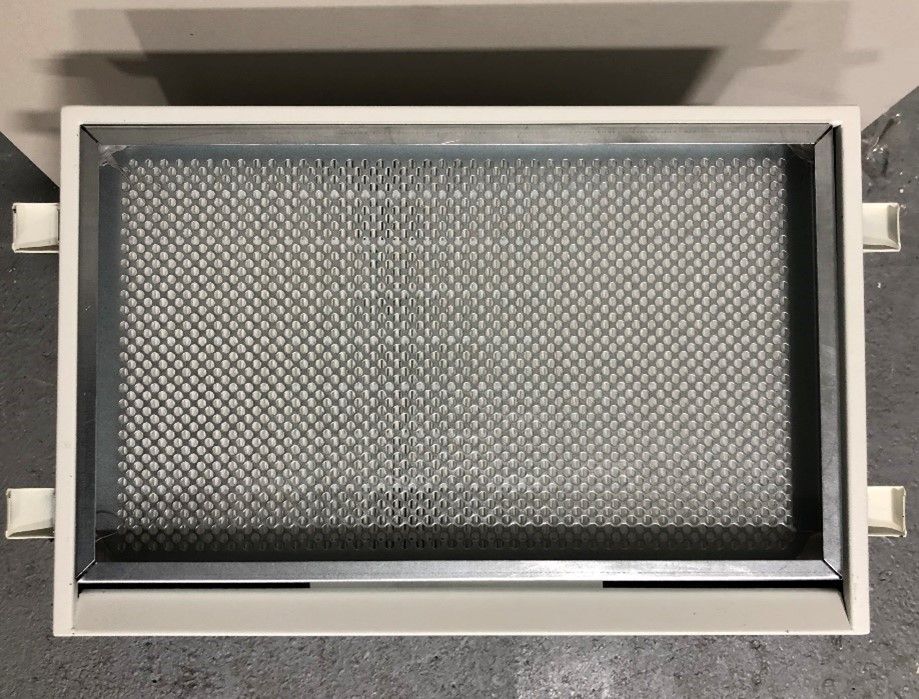 Glowforge Air Filter top view with lid removed, showing Filter Cartridge. Filter Cartridge is pre-installed.