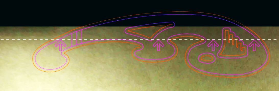 Screenshot of the design arranged with half of it above a horizontal, dotted line in the Glowforge App