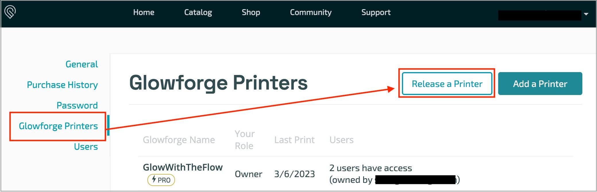 Glowforge app, settings, Glowforge printers, release a printer button