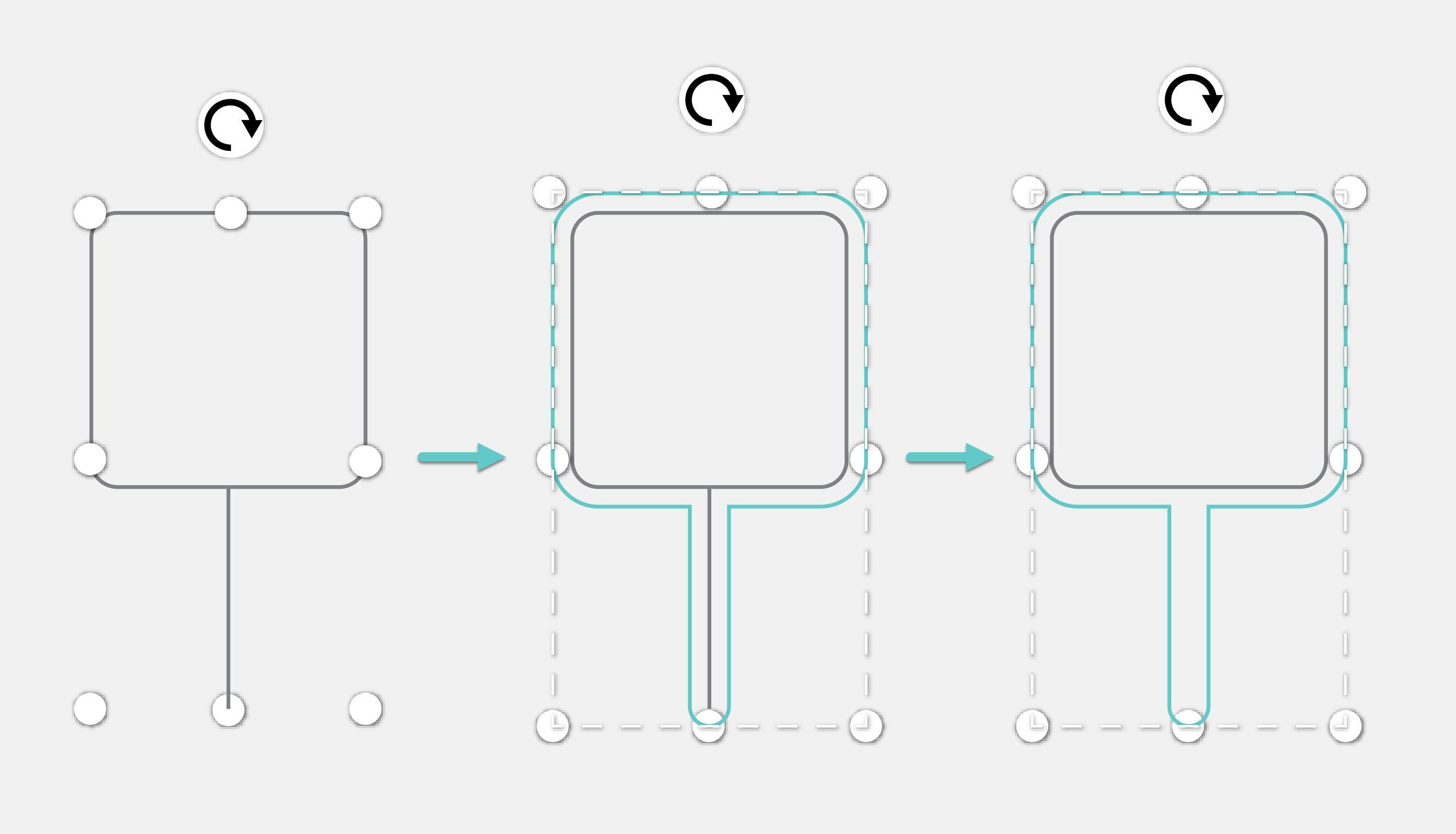 A screenshot sequence of selecting multiple objects and creating an outline in the Glowforge App