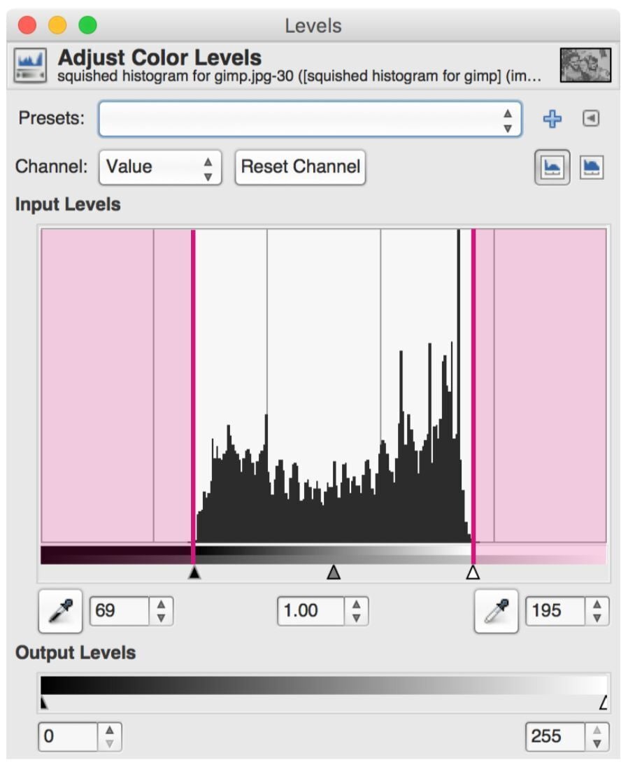 The color level dialogue in Gimp