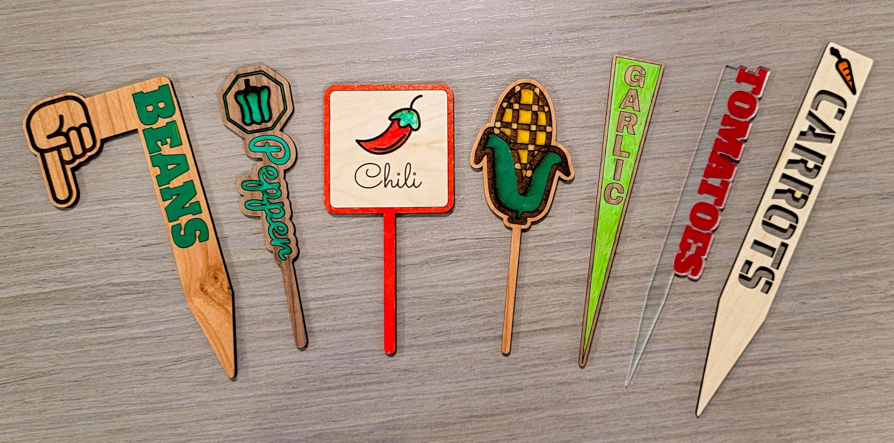 completed, laser cut garden stakes