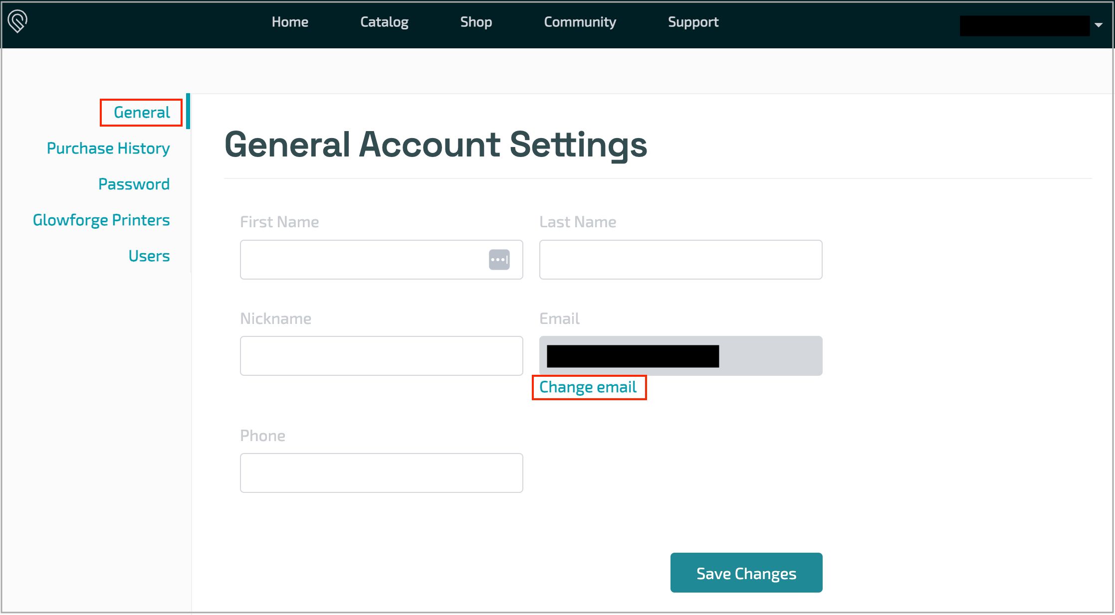 Glowforge account email screen