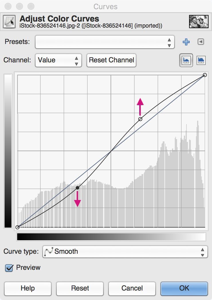 Color curve adjustment dialogue window in Gimp
