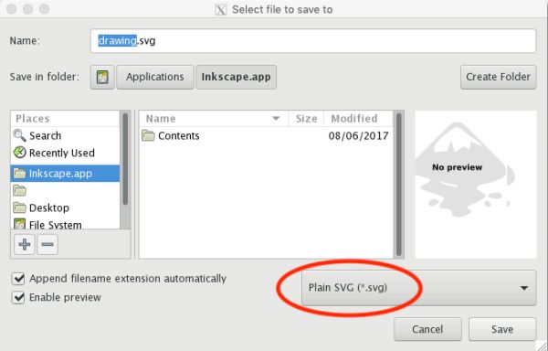 A screenshot of the save-as window in Inkscape